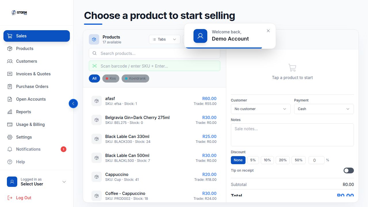 Storm POS sales screen with product list, barcode scanner, customer selector, payment method, discount tiers and cart