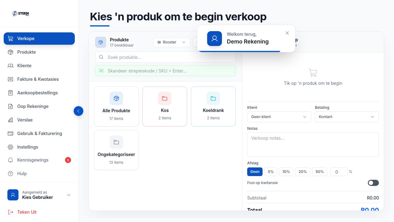 Storm POS in Afrikaans showing Verkope, Produkte, Kliente, Fakture, Verslae and full localised interface