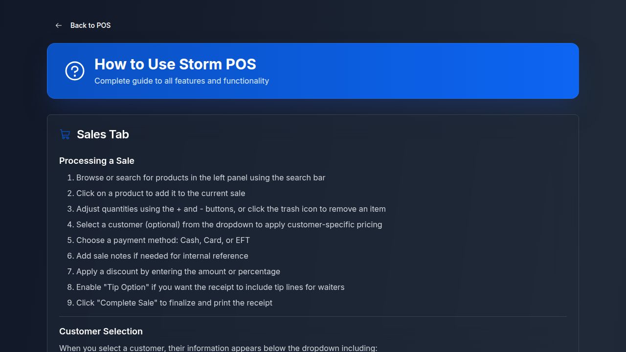 Storm POS in-app help centre showing how to process a sale, customer selection, and complete documentation for every tab