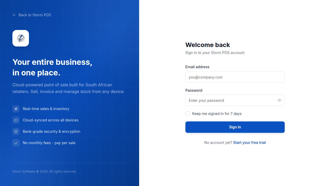 Storm POS login screen with bank-grade security, cloud sync across devices, and 7-day free trial