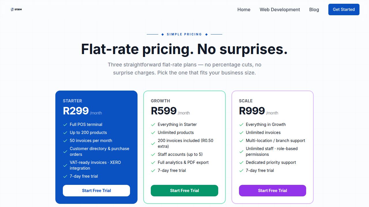 Storm POS pricing — Starter R299, Growth R599, Scale R999 per month with 7-day free trial