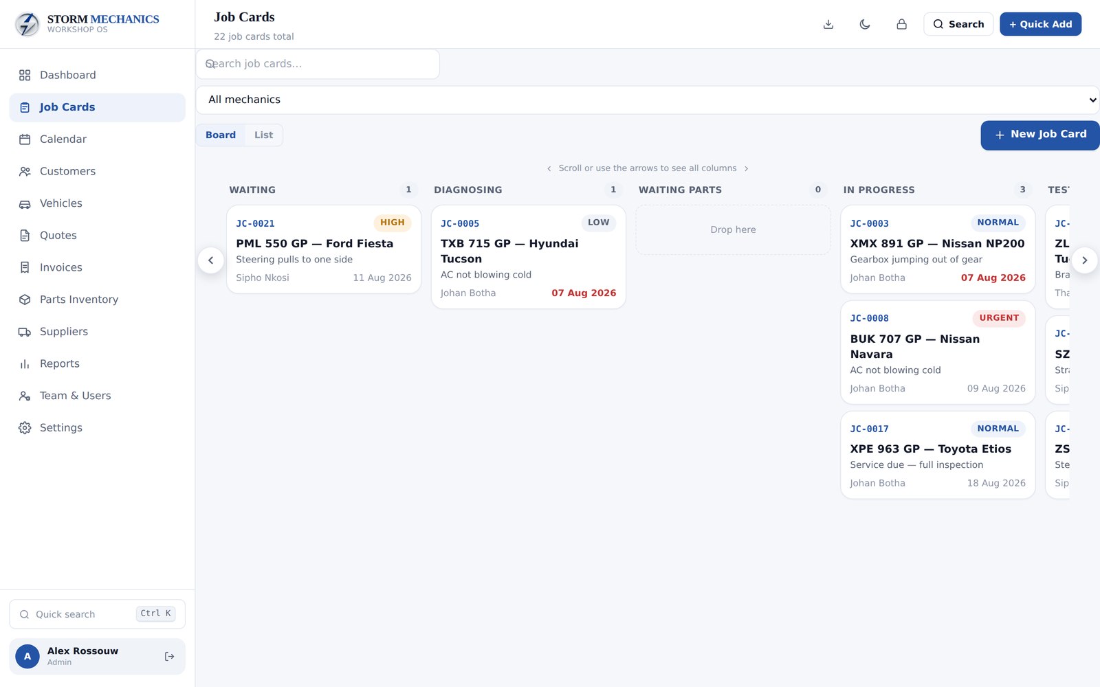 Job card kanban board