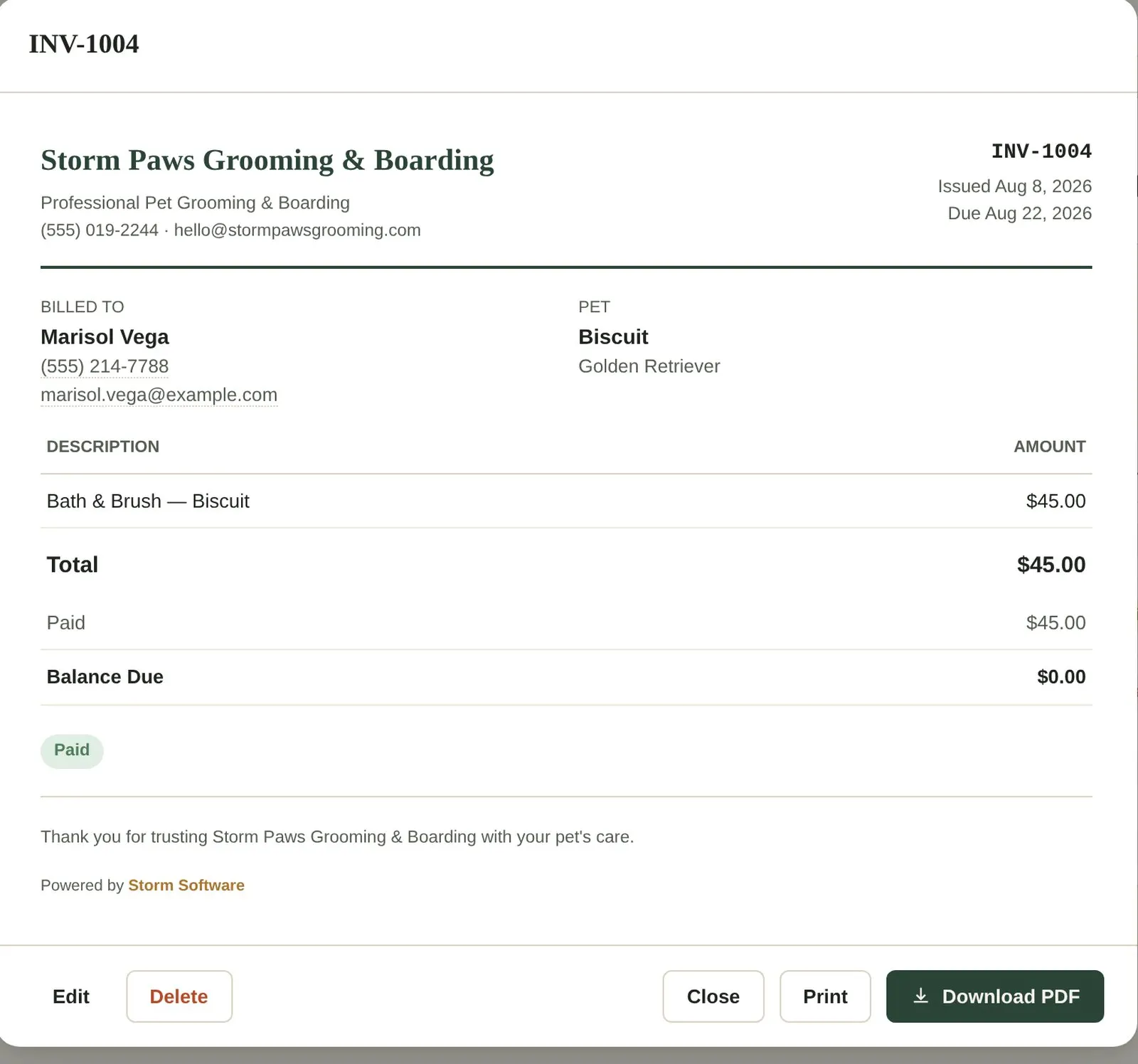 Storm Paws invoice preview with itemized services and download PDF button